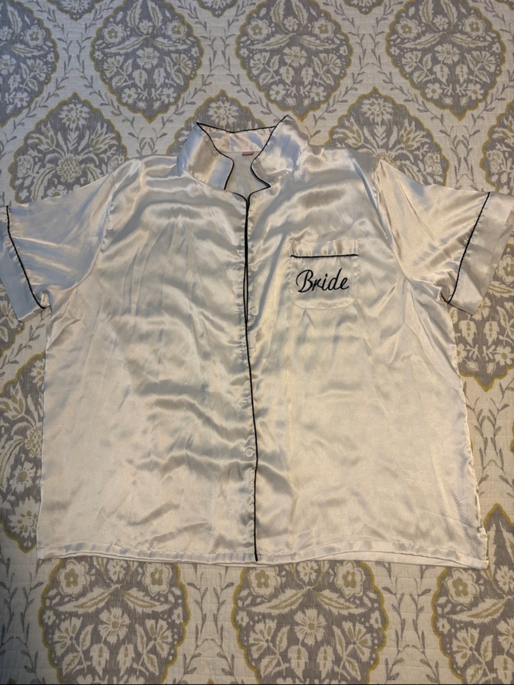 Satin 'Bride' Short-Sleeve Pajama Set - White with Black Trim